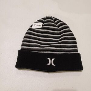 Hurley Boys Hat One Size Black White Striped Beanie Logo Embroidered Cuff Youth